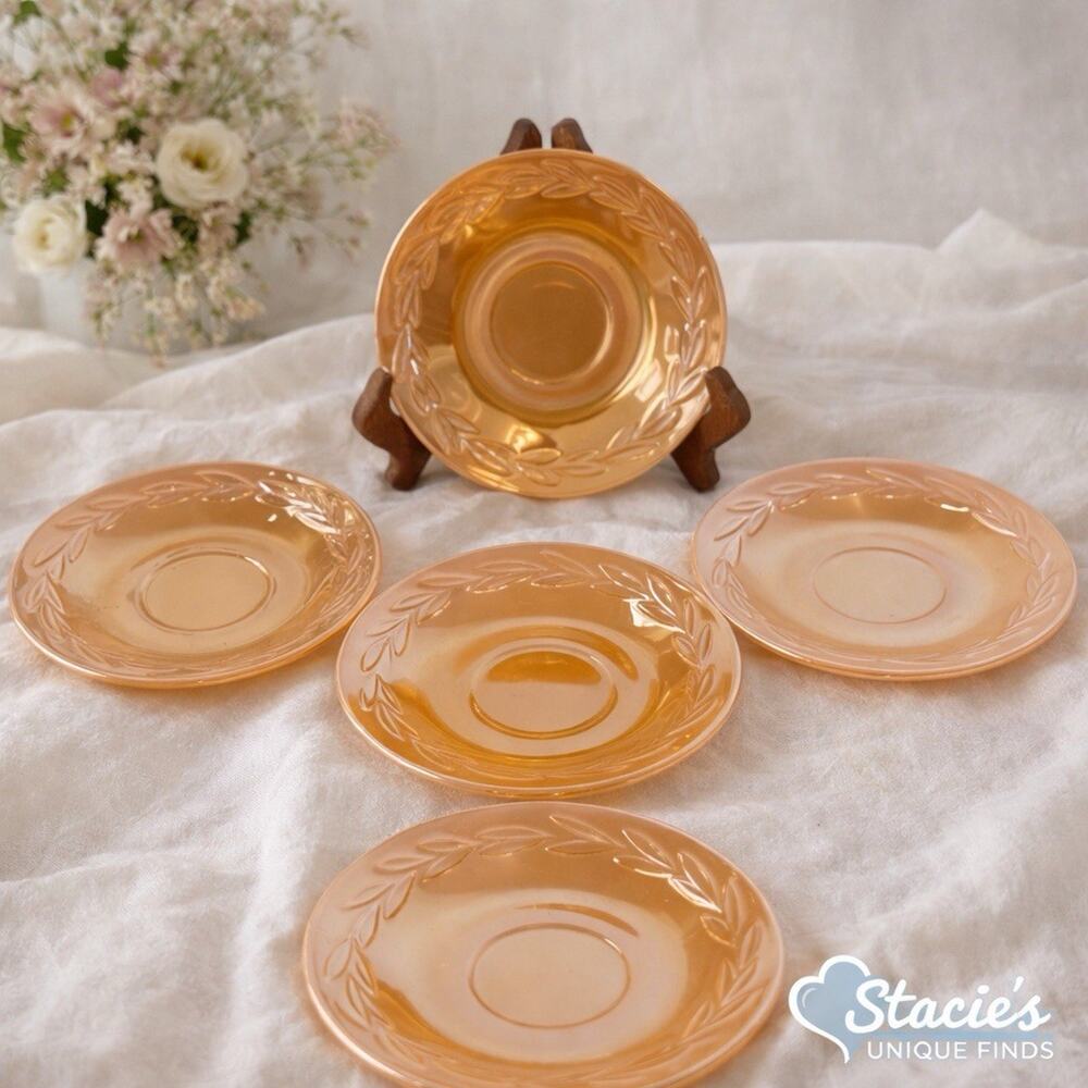 Vintage Peach Depression Glass Saucers Fire King Laurel Leaf Set of 5